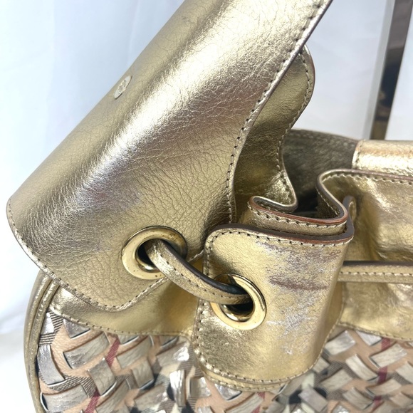 BURBERRY Metallic Gold /Beige Woven Nova Check PVC and Leather Warrior Hobo - Picture 7 of 12